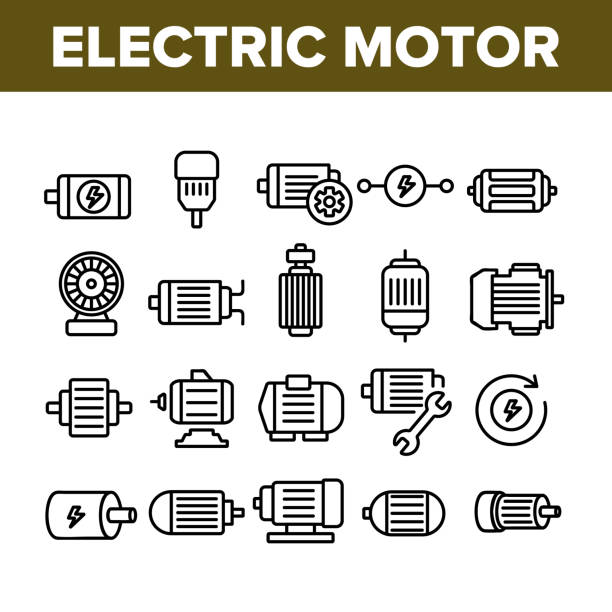 Electronic Motor Tool Collection Icons Set Vector Electronic Motor Tool Collection Icons Set Vector. Electronic Motor Equipment Repair With Wrench, Lightning Mark On Engine Concept Linear Pictograms. Monochrome Contour Illustrations electric motor stock illustrations