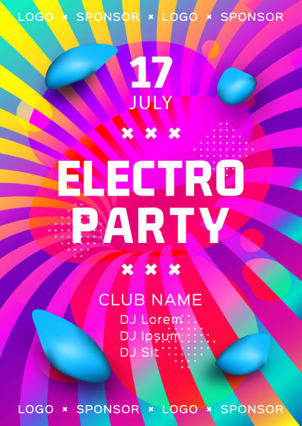 Electronic music festival poster design. Rainbow background Gradient fluid shapes. Futuristic geometric background. Glowing particles liquid dynamic. Electro party flyer. Vector illustration Electronic music festival poster design. Rainbow background Gradient fluid shapes. Futuristic geometric background. Electro party flyer, Club invitation template. Vector Eps10 dancing backgrounds stock illustrations