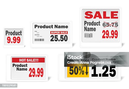 istock Electronic shelf label set, realistic vector mockup. Different-sized white e-paper displays for retail store price tags, template. Information monitor screen, mock-up 1181029581