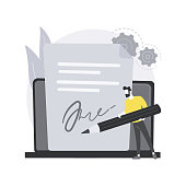 Electronic signature abstract concept vector illustration. E-signature template, e-sign consent agreement, secure identification and encryption, seamless transaction, private key abstract metaphor.