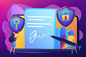 Businessman putting electronic signature on document, security shields. Electronic signature, e-signature template, e-sign consent agreement concept. Bright vibrant violet vector isolated illustration