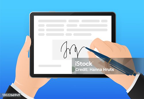 istock Electronic signature in flat style. Flat infographic. Phone icon vector. Digital background. Electronic signature. 1302266949