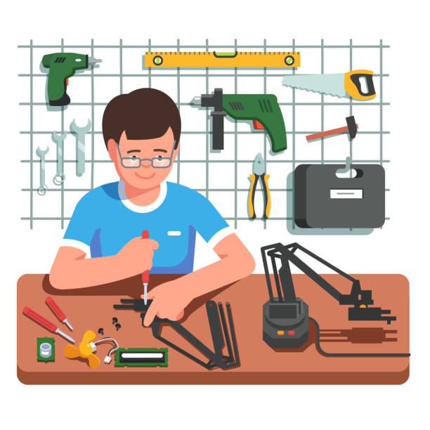 Electronics and mechanical engineer assembling or fixing robot arm manipulator using screwdriver. Flat isolated vector Young electronics and mechanical engineer assembling or fixing diy robot arm manipulator using screwdriver. Engineer working at his garage surrounded by instruments. Flat vector illustration entrepreneur borders stock illustrations