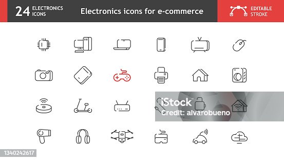 istock Electronics icons for e-commerce, with editable stroke 1340242617