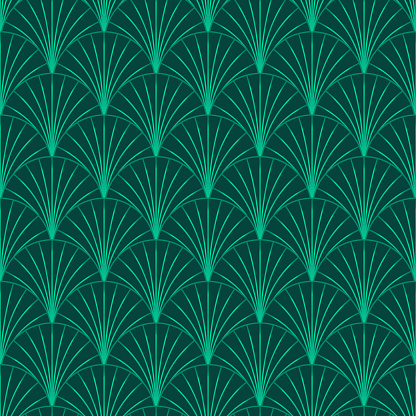 Elegant Art Deco Vintage Style Patten Design With Dark Emerald Green Fan Shaped Motifs In A Half Drop Repeat. Vector Seamless Repeat Pattern For Wallpaper, Textile, Home Décor, Interior Design.