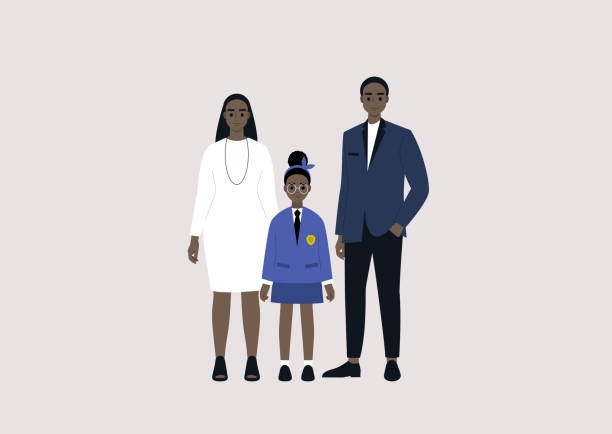 ilustrações de stock, clip art, desenhos animados e ícones de elegant black family wearing smart casual outfits: mother, father and their daughter - black mother