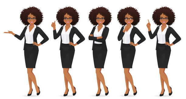 Elegant business woman Elegant business woman with afro hairstyle in different poses isolated vector illustrtion afro hairstyle stock illustrations