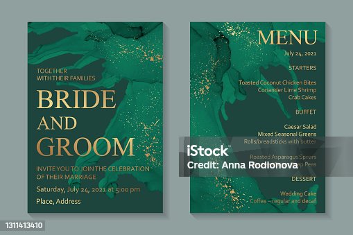 istock Elegant card design with abstract green ink waves and golden splashes. 1311413410