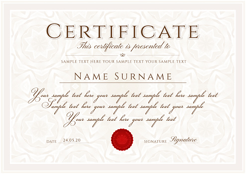 Elegant certificate with curve guilloche pattern (fine line watermark), red insignia and frame on background