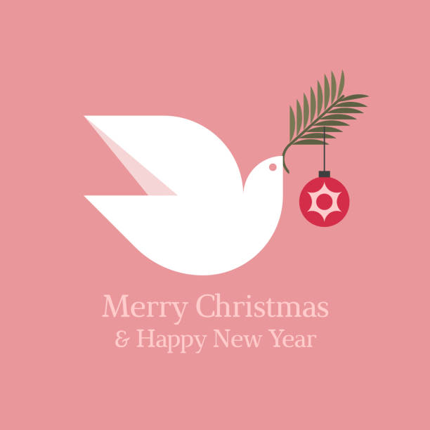 Elegant Christmas card with seasons greetings and white dove holding fir tree branch with christmas ball  symbols of peace stock illustrations