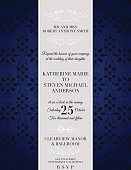 Elegant damask event invitation template. Four layers for easier editing. Floral lace pattern in background with a curved frame on left side for text. Design is horizontally oriented. Silver and Blue