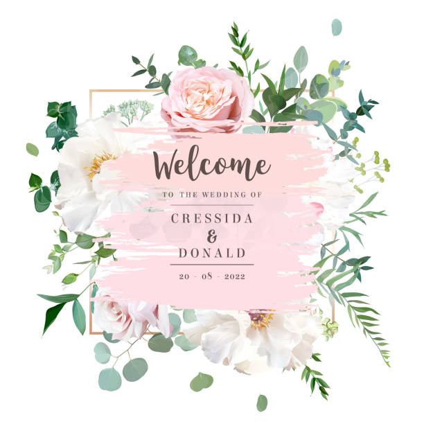 Elegant floral vector card with white and creamy woody peony, dusty rose Elegant floral vector card with white and creamy woody peony, dusty rose flowers, eucalyptus, mixed plants. Pink gradient background frame in watercolor style. All elements are isolated and editable pink color illustrations stock illustrations