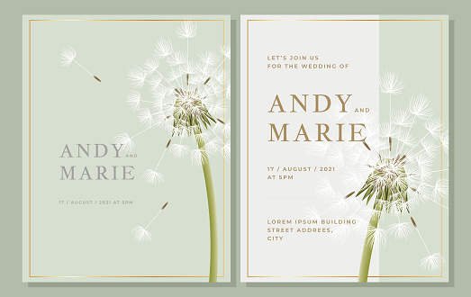 Elegant green engagement invitation template with dandelion in green pastel color