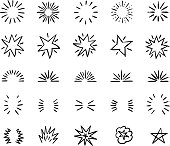 Elegant ink brush circle bursts and whimsical borders. Hand drawn bursting vector decoration. Starburst badge icon, illustration of star burst linear of set