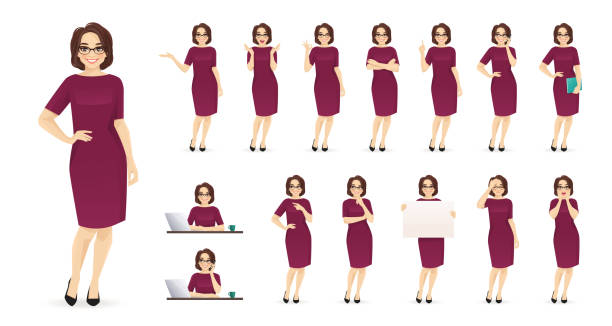 Elegant mature business woman character set Elegant mature business woman in different poses set. Various gestures female character standing and sitting at the desk isolated vector illustration older woman stock illustrations