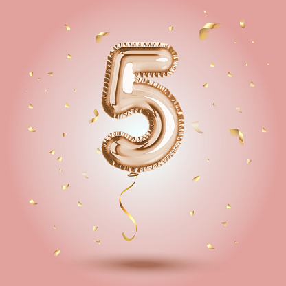 Elegant Pink Greeting celebration five years birthday Anniversary number 5 foil gold balloon. Happy birthday, congratulations poster. Golden numbers with sparkling golden confetti. Vector