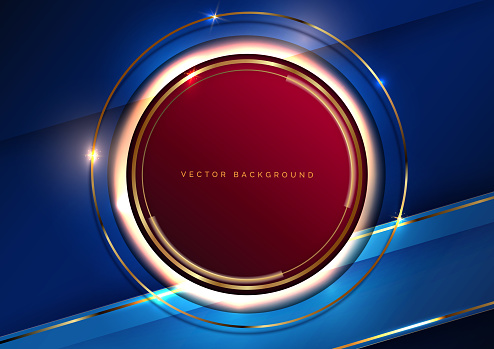 Elegant red circle frame abstract with sparkling golden light and golden circle lines on dark blue background. Luxury concept.