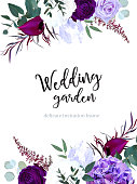 Elegant seasonal dark flowers vector design wedding frame. Purple and violet rose, white and deep blue hyrangea, astilbe, anthurium, iris, eucaliptus. Floral style border.All elements are isolated.