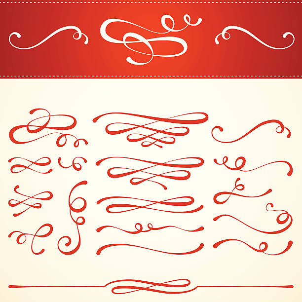 Elegant Seasonal Type Embellishments and Ornamental Vector Designs Set of elegant type embellishments for use as ornamental typographic elements. Festive calligraphic design style for seasonal holidays like Christmas and winter celebration. Fancy swirls and curls. Commonly used in invitations, greeting cards, labels, and packaging. Vector Illustration. EPS-10. embellishment stock illustrations