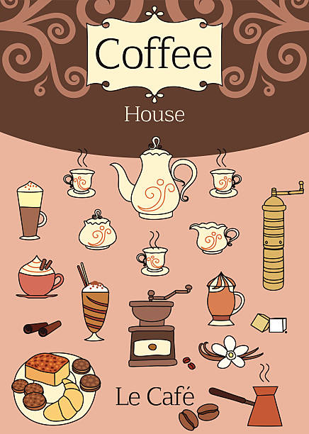Elegant set of coffee design elements A collection of hand drawn vector design elements on coffee thematic. coffee cake stock illustrations