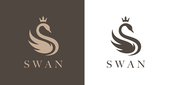 Elegant swan icon with royal crown. Beautiful bird symbol. Vector illustration.