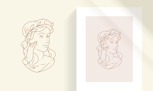 Elegant tender female with olive leaves wreath on head line art style vector illustration
