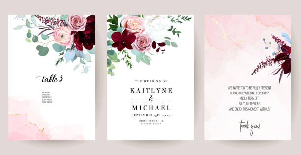 Elegant wedding cards with pink watercolor texture and spring flowers Elegant wedding cards with pink watercolor texture and spring flowers. Burgundy red peony, pink ranunculus, dusty rose, orchid, eucalyptus, greenery. Floral vector design frame. Isolated and editable rose flower stock illustrations