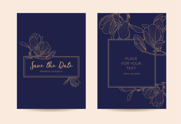 Elegant wedding invitation  with magnolia flowers. Golden graphic flowers on a dark blue background. Vector template for design of invitations, restaurant menu or spa. wedding designs stock illustrations
