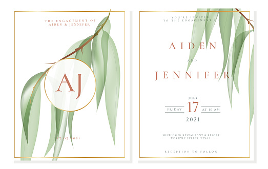 Elegant white engagement invitation template with willow in green pastel color