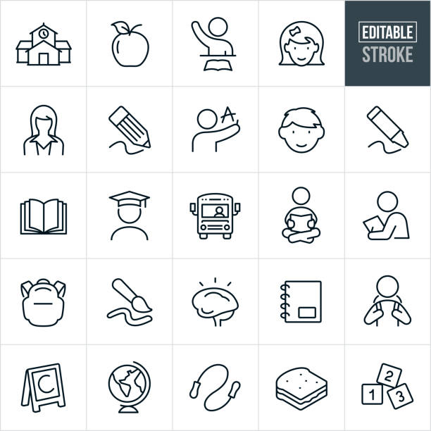 Elementary Education Thin Line Icons - Editable Stroke A set of elementary education icons that include editable strokes or outlines using the EPS vector file. The icons include a young girl student, young boy student, school building, apple, student at desk raising hand, female teacher, pencil writing, student writing on board, crayon coloring, open book, student with graduation cap, school bus, student reading a book, young student doing school work, backpack, paintbrush painting, human brain, spiral notebook, student with backpack on, globe, jump rope, lunch sandwich, numbered blocks and other related icons. teacher symbols stock illustrations