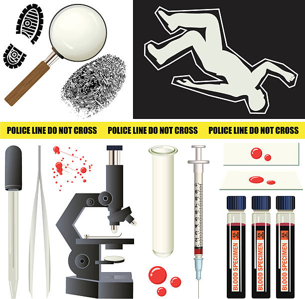 CSI Elements EPS, High and Low Resolution JPGs. Stage your own crime scene investigation with these highly-detailed CSI elements. Included are: Shoeprint, magnifying glass (with wooden handle), detailed fingerprint, chalk outline (with body silhouette), "POLICE LINE DO NOT CROSS" yellow cordon, eyedropper, tweezers, blood spatter, microscope, test tube, blood droplets, hypodermic needle, microscope slides, and blood specimen bottles. murder stock illustrations