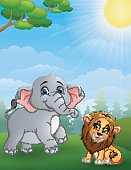 vector illustration of Elephant and lion cartoon in the jungle
