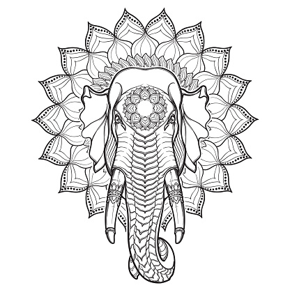 Elephant head on lotus mandala. Popular motiff in Asian arts and crafts. Intricate hand drawing isolated on white background. Tattoo design.