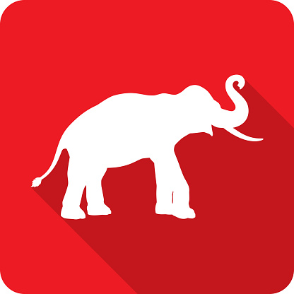 Vector illustration of a red elephant icon in flat style.