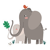 Mother elephant with her baby holding a palm leaf vector illustration isolated on white background