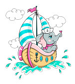 Vector illustration of a cute baby elephant mariner, sailing on a sailboat. Cartoon vector illustration