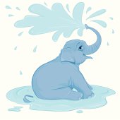 Cute cartoon illustration of a blue baby elephant in profile happily sitting in a puddle. He is looking overhead as he showers and sprays his back with water. This vector is easily edited and has no gradients or transparencies. It is also layered with a full sitting elephant without the puddle.