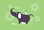 vector illustration of elephant spraying flowers with rabbit