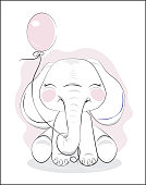 the lovely drawn baby elephant calf, blindly, with balloon