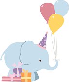 A vector illustration of a cute elephant with balloons, a party hat and presents. Objects are grouped and layered for easy editing. Files included: AICS5, EPS8, PNG and Large High Res JPG.