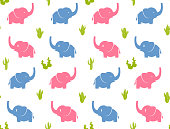 Baby elephants and cactus in seamless pattern