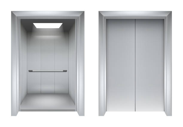 엘리베이터 문입니다. 닫기 및 열기 사무실 건물 벡터 현실적인 3d 그림에에서 메탈 릭 리프트 - 스테인리스강 일러스트 stock illustrations
