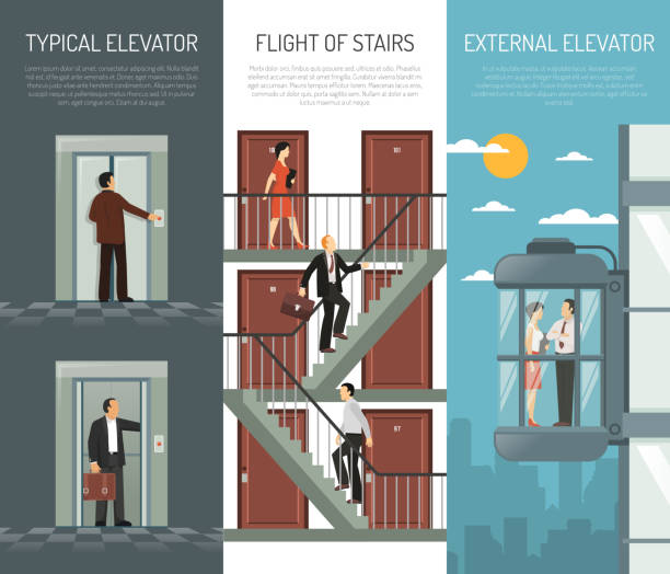 ilustrações de stock, clip art, desenhos animados e ícones de elevator escalator stairs vertical banners - stairs subway