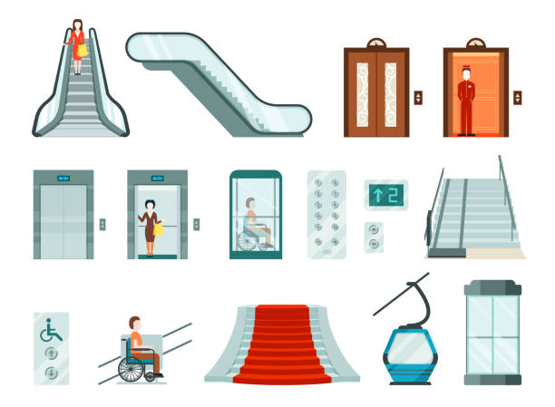 ilustrações de stock, clip art, desenhos animados e ícones de elevators and lifts set. wheelchair lifts electric cable car modern stair lifts used in metro shopping malls high airport stairs moving steps special stylish glass metal design. vector move clipart. - stairs subway