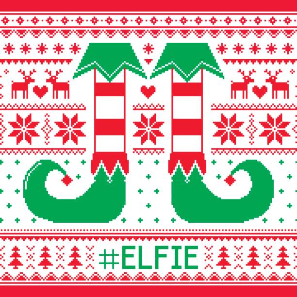 #Elfie, Elfie Christmas seamless pattern, ugly jumper decoration with elf legs Xmas background - Nordic style Xmas decoration selfie patterns stock illustrations