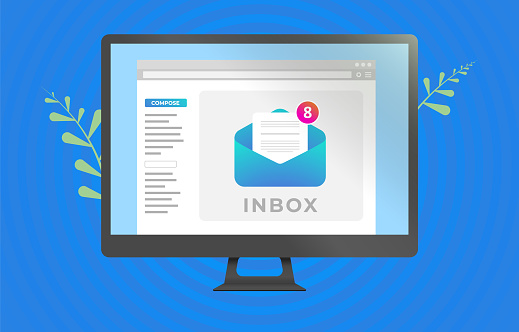 Email inbox message interface on the computer screen. E-mail communication software for business concept. Notification of new unread mails icon. Vector illustration with blue background.