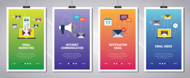Email marketing and business communication Vector set of vertical web banners with email marketing, internet communication, notification email and email inbox. Vector banner template for website and mobile app development with icon set. email templates stock illustrations