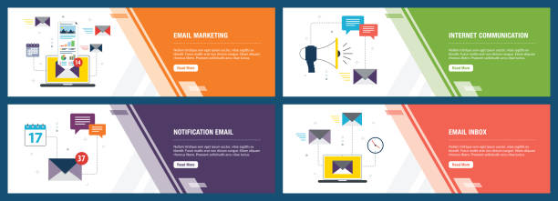 Email marketing and business communication Vector set of vertical web banners with email marketing, internet communication, notification email and email inbox. Vector banner template for website and mobile app development with icon set. email templates stock illustrations