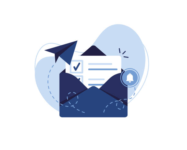 Email marketing & Message concept Vector banner illustration of email marketing & message concept. Letter, sheet in an envelope, checkmark. Sending application. Receive News. Filled document. Alert and bell. Blue and White. Eps 10 e mail stock illustrations