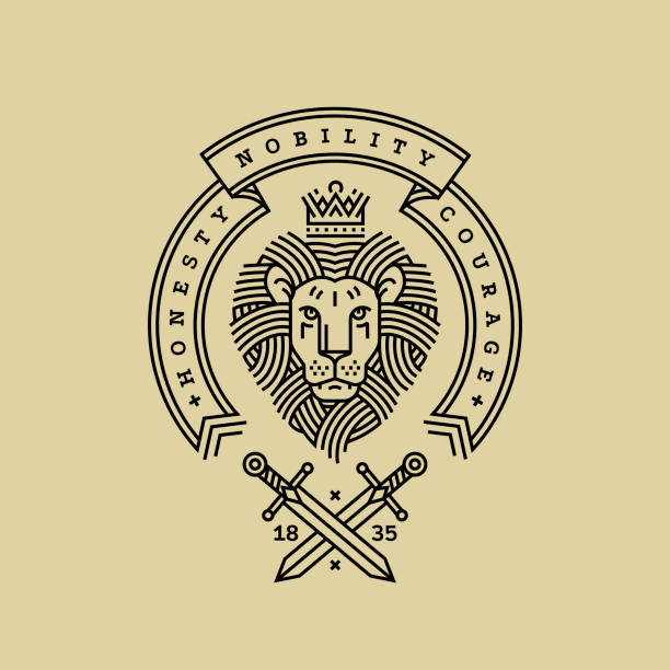 ilustrações de stock, clip art, desenhos animados e ícones de emblem, badge with a head of the royal lion, ribbon, motto and swords in the style of engraving of linear design for a premium sing or coat of arms. lion with a crown symbol of power, strength, security. - lion